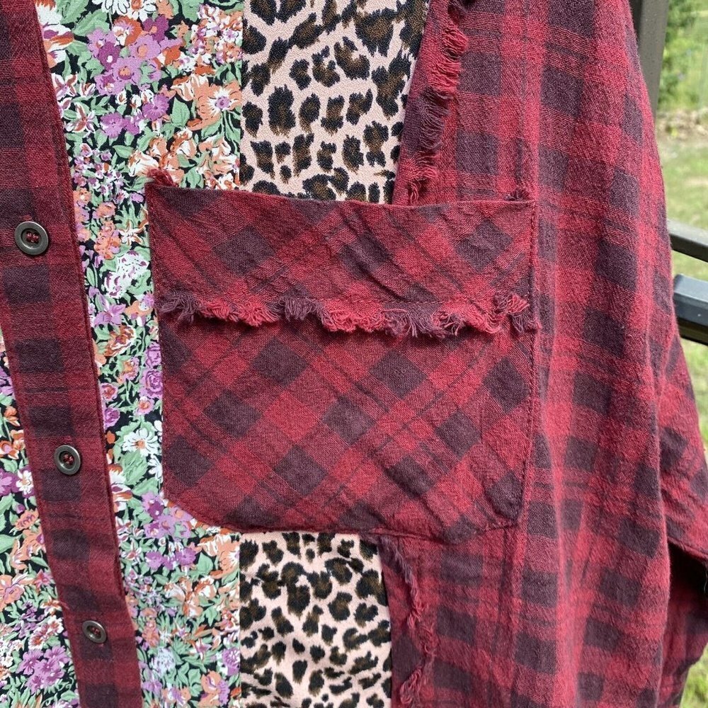 Oddy Womens Small Red Plaid Floral Animal Print Blouse - Picture 6 of 12